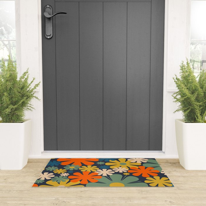 Flower Market Valencia Spain Retro Minimal Floral Blue Orange Mustard Welcome Mat Gallery Image 3