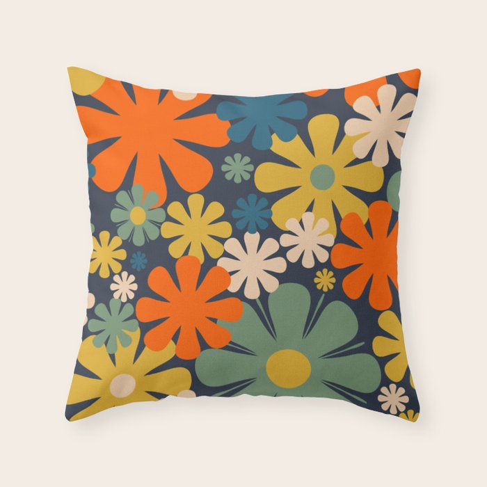 Flower Market Valencia Spain Retro Minimal Floral Blue Orange Mustard Throw Pillow Gallery Image 6