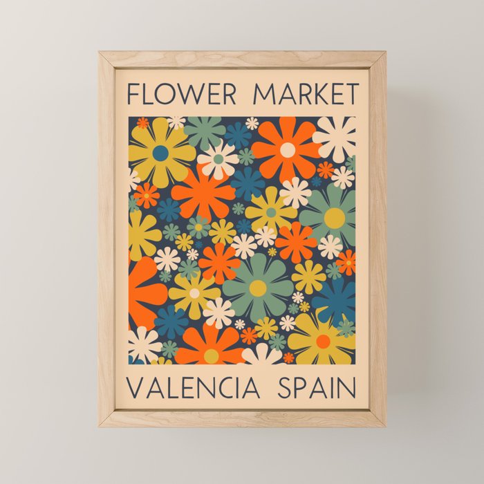 Flower Market Valencia Spain Retro Minimal Floral Blue Orange Mustard Mini Art Print Gallery Image 1