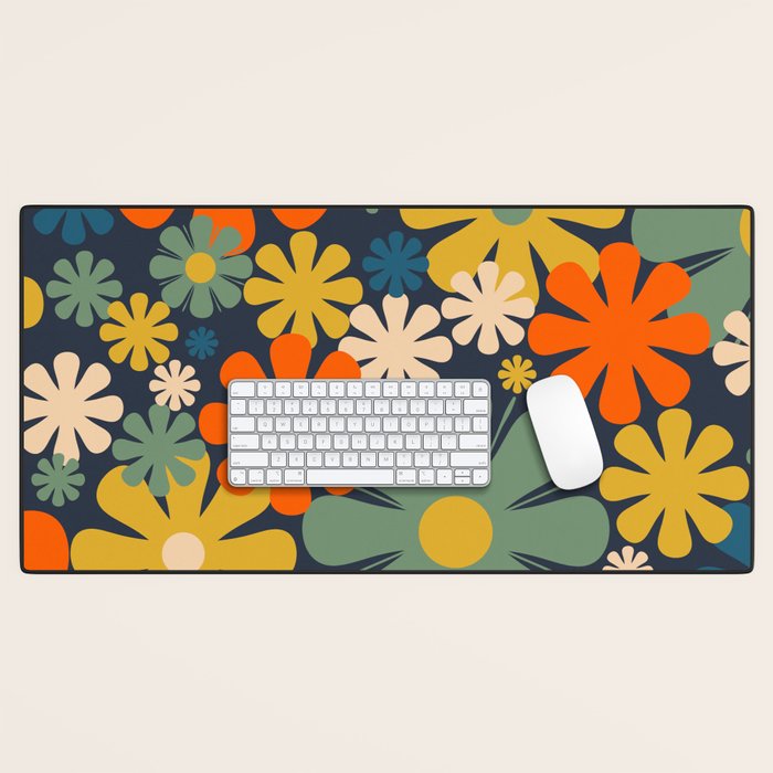 Flower Market Valencia Spain Retro Minimal Floral Blue Orange Mustard Desk Mat Gallery Image 1