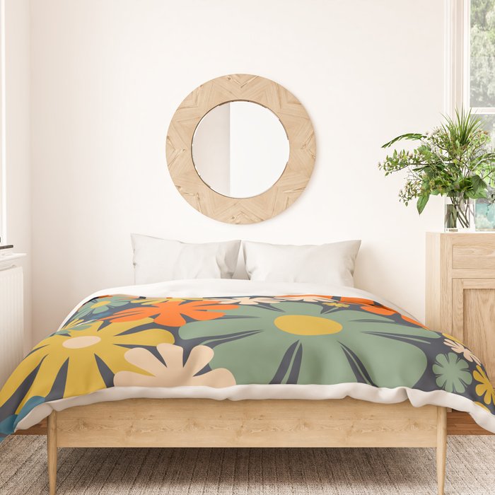 Flower Market Valencia Spain Retro Minimal Floral Blue Orange Mustard Duvet Cover Gallery Image 3