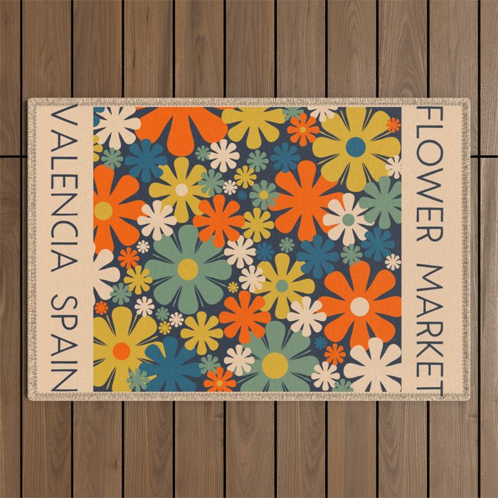 Flower Market Valencia Spain Retro Minimal Floral Blue Orange Mustard Outdoor Rug Gallery Image 1