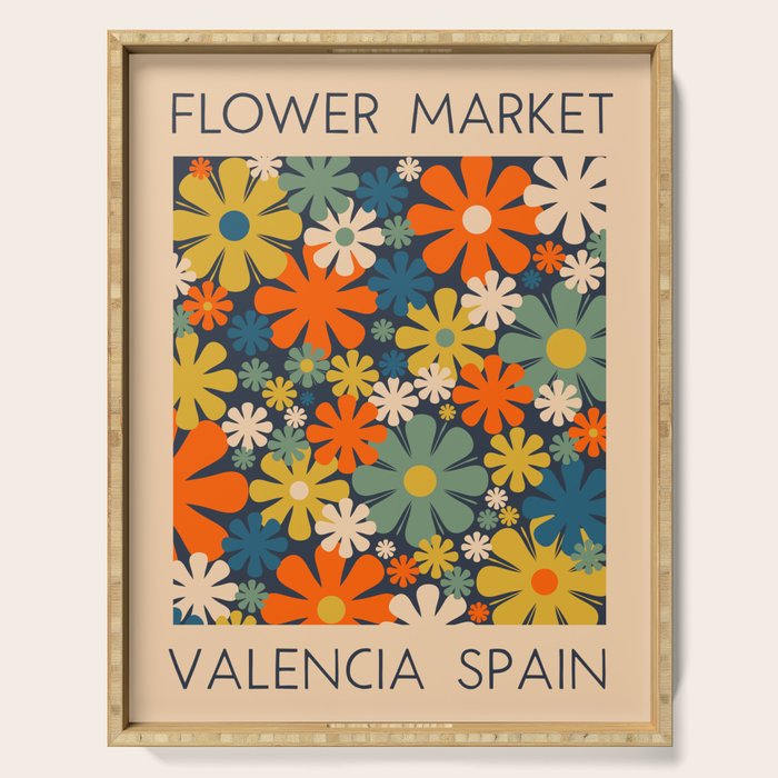 Flower Market Valencia Spain Retro Minimal Floral Blue Orange Mustard Serving Tray Gallery Image 1