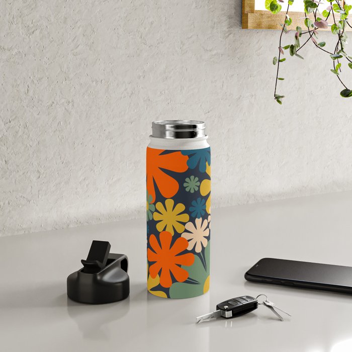 Flower Market Valencia Spain Retro Minimal Floral Blue Orange Mustard Water Bottle Gallery Image 4