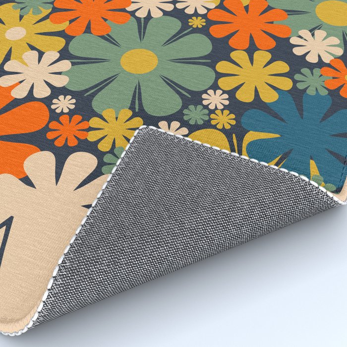 Flower Market Valencia Spain Retro Minimal Floral Blue Orange Mustard Rug Gallery Image 4