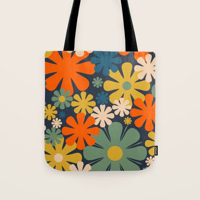 Flower Market Valencia Spain Retro Minimal Floral Blue Orange Mustard Tote Bag Gallery Image 1