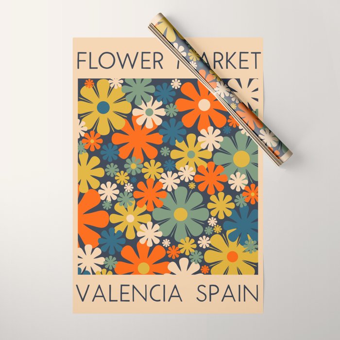 Flower Market Valencia Spain Retro Minimal Floral Blue Orange Mustard Wrapping Paper Gallery Image 1