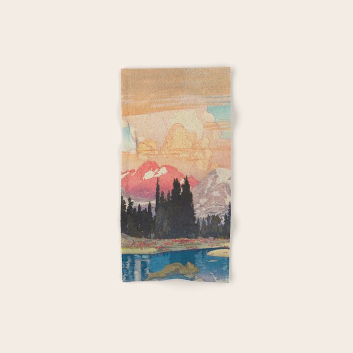 Storms over Keiisino - Winter Mountain & Forest Ukiyoe Nature Landscape in Pink, Blue, and Green Bath Towel Gallery Image 1