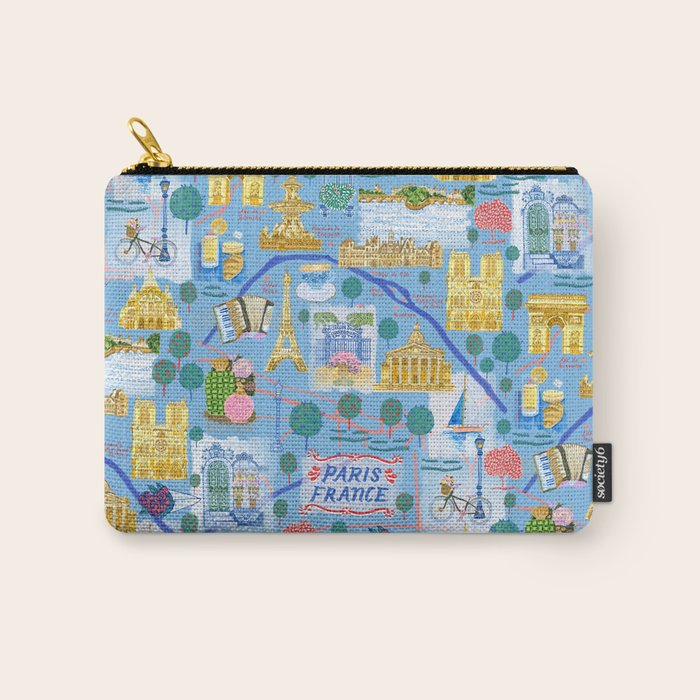 Paris France Map Illustration & Pattern in Blue Carry All Pouch Gallery Image 1