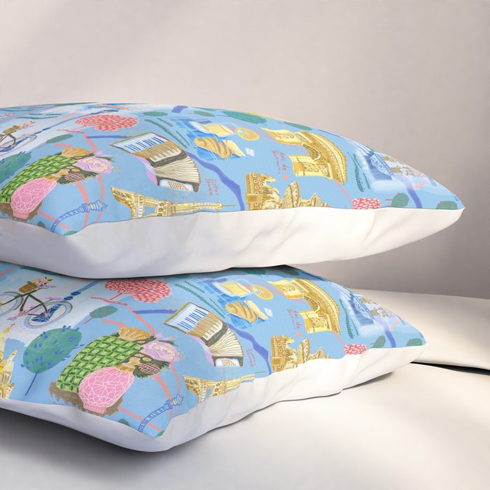 Paris France Map Illustration & Pattern in Blue Pillow Sham Gallery Image 3