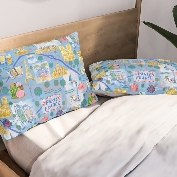 Paris France Map Illustration & Pattern in Blue Pillow Sham Gallery Image 2