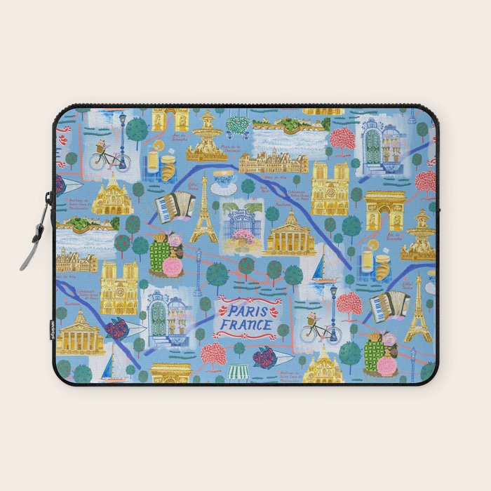 Paris France Map Illustration & Pattern in Blue Laptop Sleeve Gallery Image 1