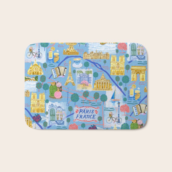 Paris France Map Illustration & Pattern in Blue Bath Mat Gallery Image 1