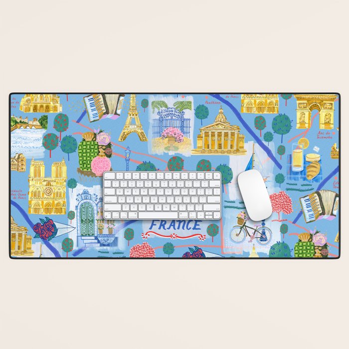 Paris France Map Illustration & Pattern in Blue Desk Mat Gallery Image 1