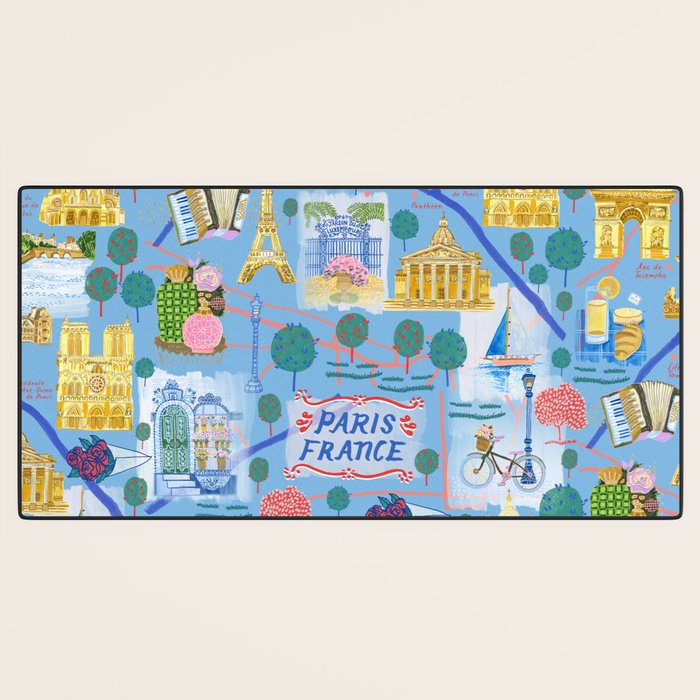 Paris France Map Illustration & Pattern in Blue Desk Mat Gallery Image 3