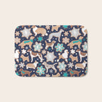 Catching ice and sweetness // navy blue background gingerbread white brown grey and dogs and snowflakes turquoise details Bath Mat Gallery Image 1