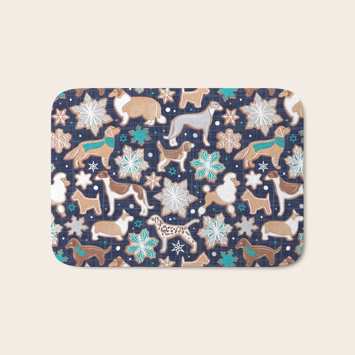 Catching ice and sweetness // navy blue background gingerbread white brown grey and dogs and snowflakes turquoise details Bath Mat Gallery Image 1