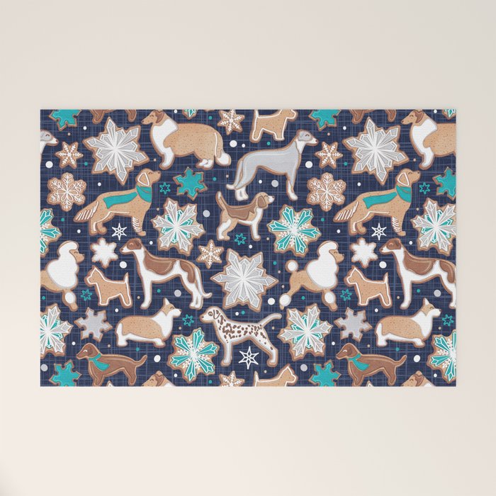 Catching ice and sweetness // navy blue background gingerbread white brown grey and dogs and snowflakes turquoise details Welcome Mat Gallery Image 1
