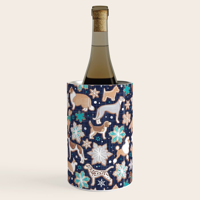 Catching ice and sweetness // navy blue background gingerbread white brown grey and dogs and snowflakes turquoise details Wine Chiller Gallery Image 1
