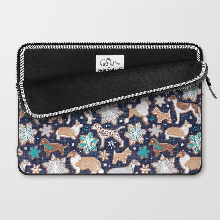 Catching ice and sweetness // navy blue background gingerbread white brown grey and dogs and snowflakes turquoise details Laptop Sleeve Gallery Image 2