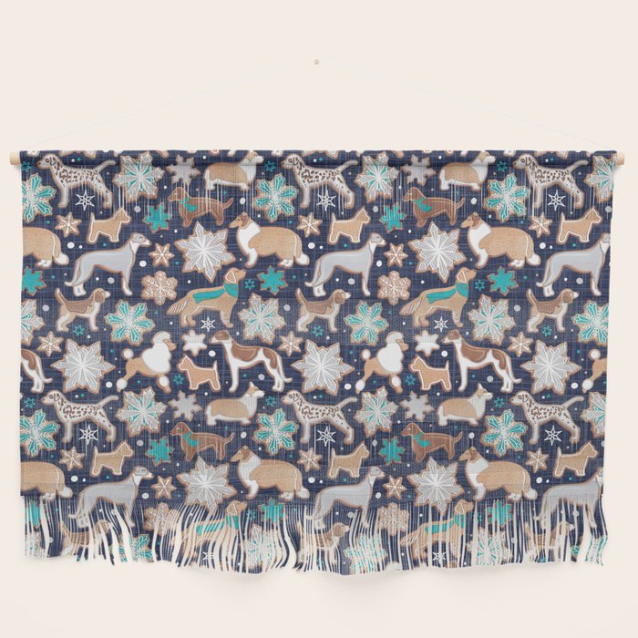 Catching ice and sweetness // navy blue background gingerbread white brown grey and dogs and snowflakes turquoise details Wall Hanging Gallery Image 1