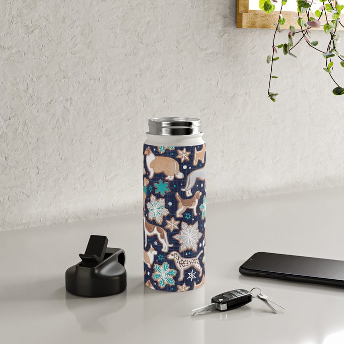 Catching ice and sweetness // navy blue background gingerbread white brown grey and dogs and snowflakes turquoise details Water Bottle Gallery Image 4