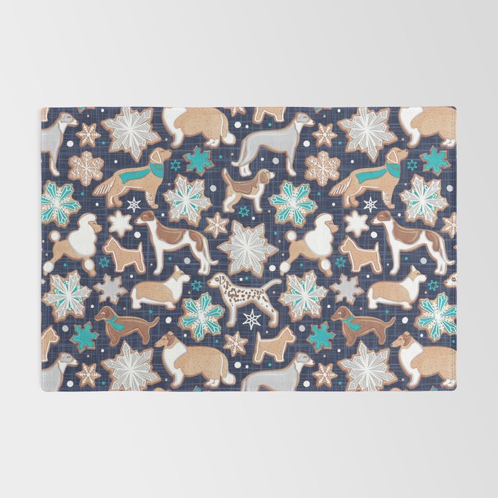 Catching ice and sweetness // navy blue background gingerbread white brown grey and dogs and snowflakes turquoise details Rug Gallery Image 2