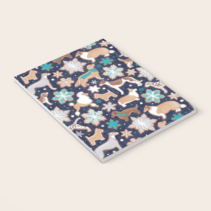 Catching ice and sweetness // navy blue background gingerbread white brown grey and dogs and snowflakes turquoise details Notebook Gallery Image 3