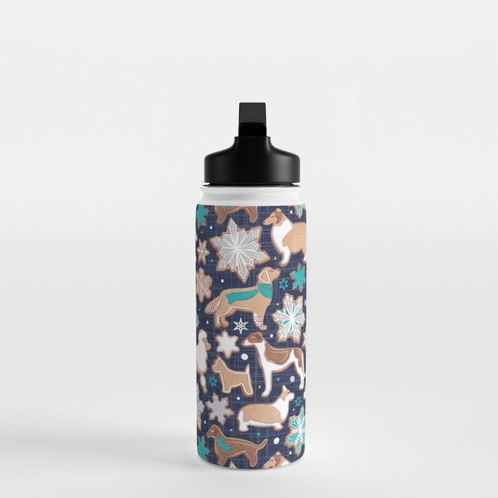 Catching ice and sweetness // navy blue background gingerbread white brown grey and dogs and snowflakes turquoise details Water Bottle Gallery Image 3