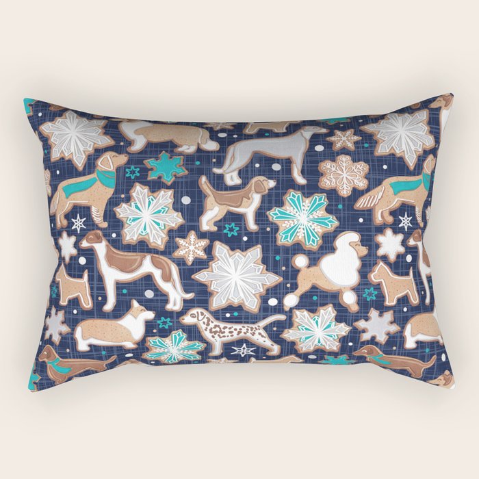 Catching ice and sweetness // navy blue background gingerbread white brown grey and dogs and snowflakes turquoise details Rectangular Pillow Gallery Image 2