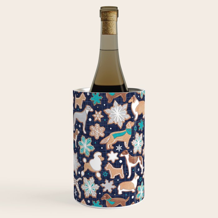 Catching ice and sweetness // navy blue background gingerbread white brown grey and dogs and snowflakes turquoise details Wine Chiller Gallery Image 2