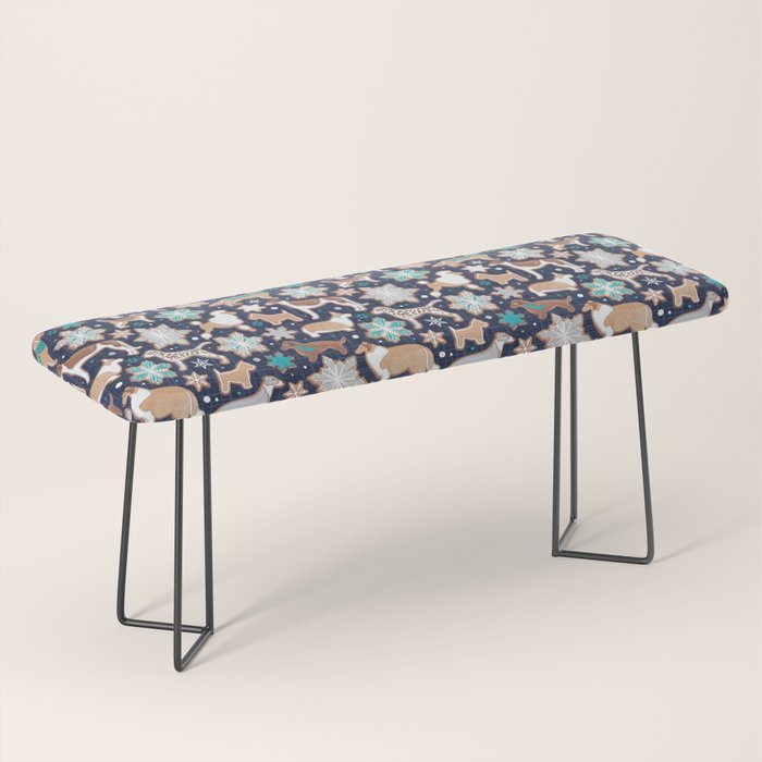 Catching ice and sweetness // navy blue background gingerbread white brown grey and dogs and snowflakes turquoise details Bench Gallery Image 1