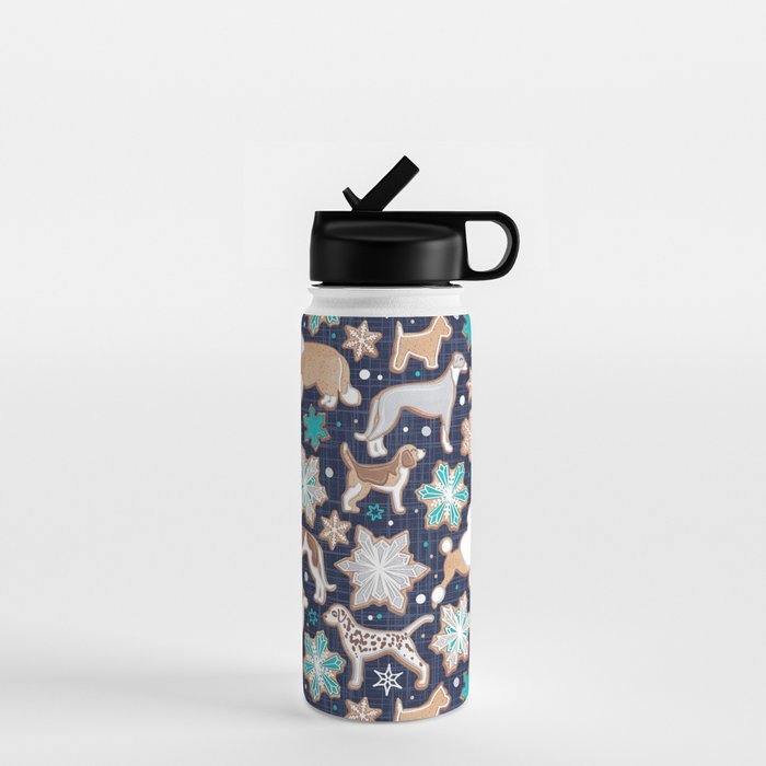 Catching ice and sweetness // navy blue background gingerbread white brown grey and dogs and snowflakes turquoise details Water Bottle Gallery Image 1