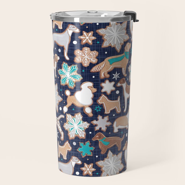 Catching ice and sweetness // navy blue background gingerbread white brown grey and dogs and snowflakes turquoise details Travel Mug Gallery Image 2