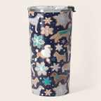 Catching ice and sweetness // navy blue background gingerbread white brown grey and dogs and snowflakes turquoise details Travel Mug Gallery Image 2
