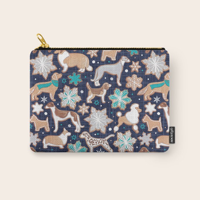 Catching ice and sweetness // navy blue background gingerbread white brown grey and dogs and snowflakes turquoise details Carry All Pouch Gallery Image 1