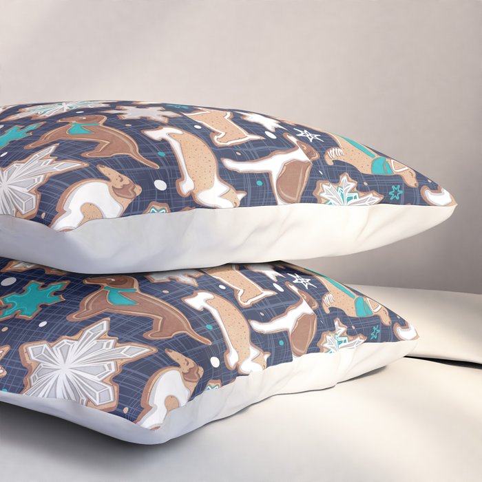 Catching ice and sweetness // navy blue background gingerbread white brown grey and dogs and snowflakes turquoise details Pillow Sham Gallery Image 3
