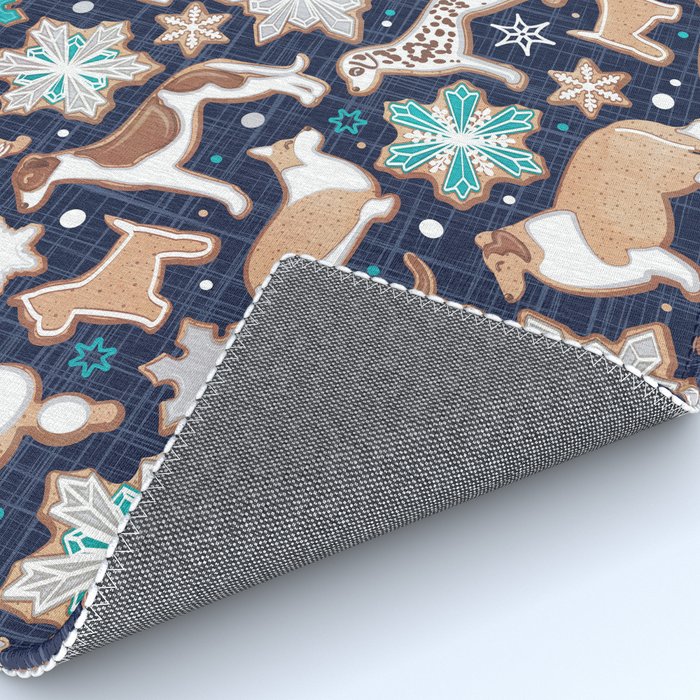 Catching ice and sweetness // navy blue background gingerbread white brown grey and dogs and snowflakes turquoise details Rug Gallery Image 4