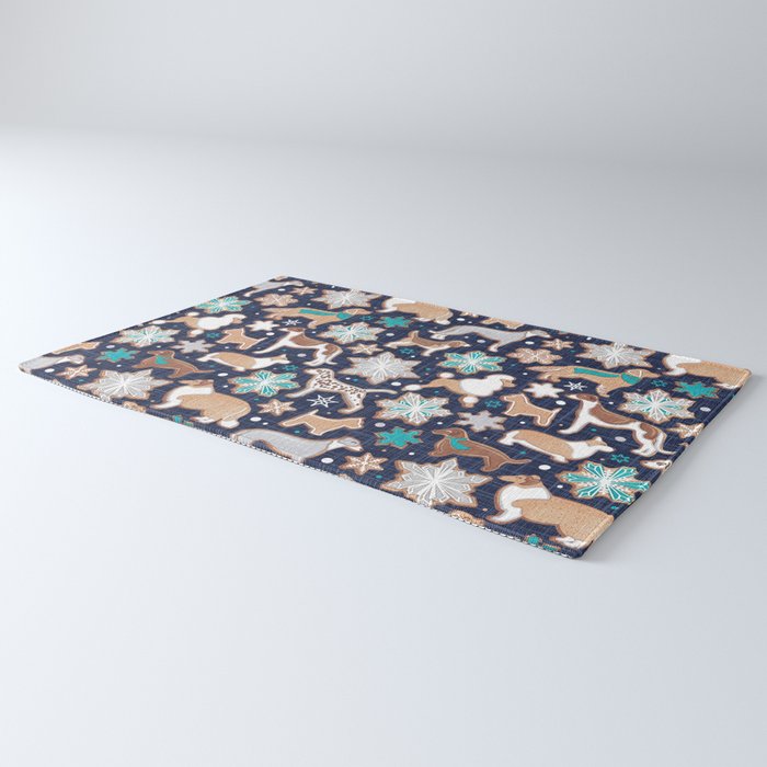 Catching ice and sweetness // navy blue background gingerbread white brown grey and dogs and snowflakes turquoise details Rug Gallery Image 3