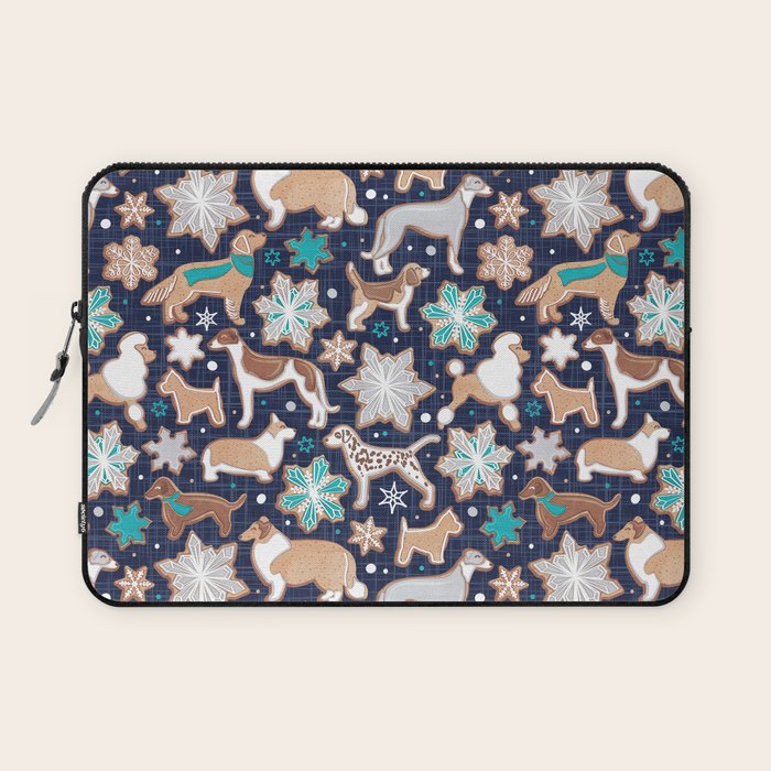 Catching ice and sweetness // navy blue background gingerbread white brown grey and dogs and snowflakes turquoise details Laptop Sleeve Gallery Image 1