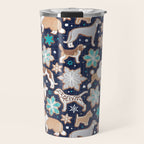 Catching ice and sweetness // navy blue background gingerbread white brown grey and dogs and snowflakes turquoise details Travel Mug Gallery Image 1