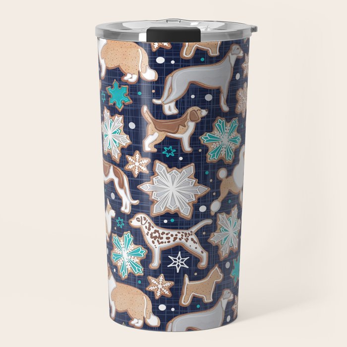 Catching ice and sweetness // navy blue background gingerbread white brown grey and dogs and snowflakes turquoise details Travel Mug Gallery Image 1