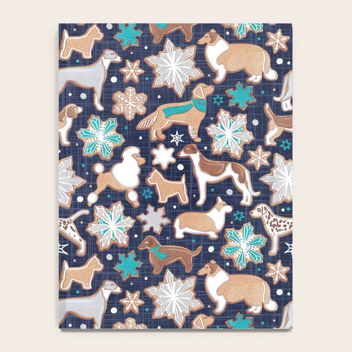 Catching ice and sweetness // navy blue background gingerbread white brown grey and dogs and snowflakes turquoise details Notebook Gallery Image 4