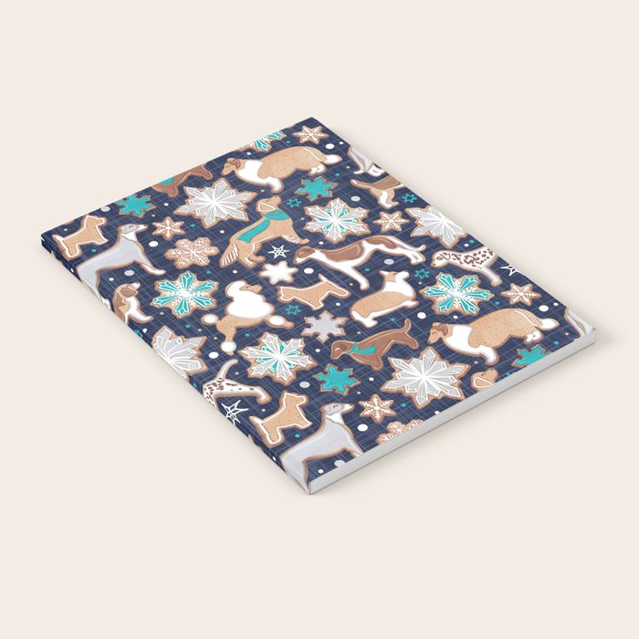 Catching ice and sweetness // navy blue background gingerbread white brown grey and dogs and snowflakes turquoise details Notebook Gallery Image 2