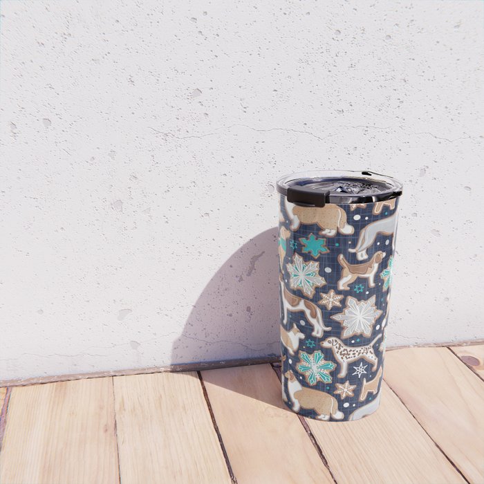 Catching ice and sweetness // navy blue background gingerbread white brown grey and dogs and snowflakes turquoise details Travel Mug Gallery Image 4