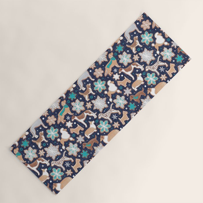 Catching ice and sweetness // navy blue background gingerbread white brown grey and dogs and snowflakes turquoise details Yoga Mat Gallery Image 1