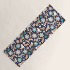Catching ice and sweetness // navy blue background gingerbread white brown grey and dogs and snowflakes turquoise details Yoga Mat Gallery Image 1