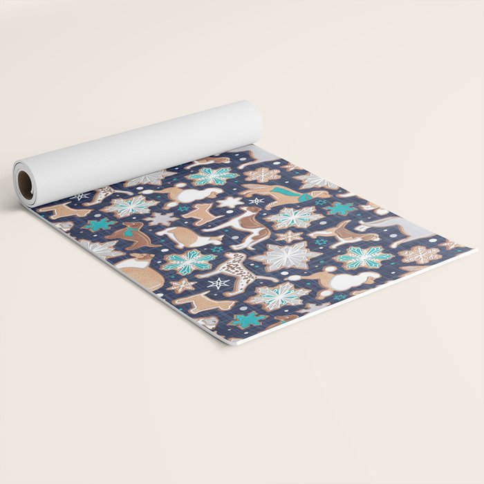 Catching ice and sweetness // navy blue background gingerbread white brown grey and dogs and snowflakes turquoise details Yoga Mat Gallery Image 2