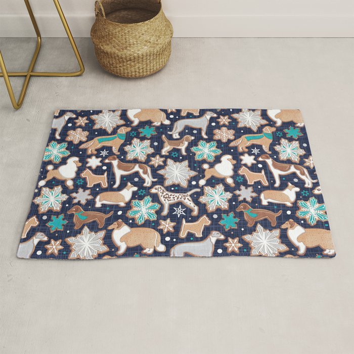 Catching ice and sweetness // navy blue background gingerbread white brown grey and dogs and snowflakes turquoise details Rug Gallery Image 1