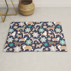 Catching ice and sweetness // navy blue background gingerbread white brown grey and dogs and snowflakes turquoise details Rug Gallery Image 1